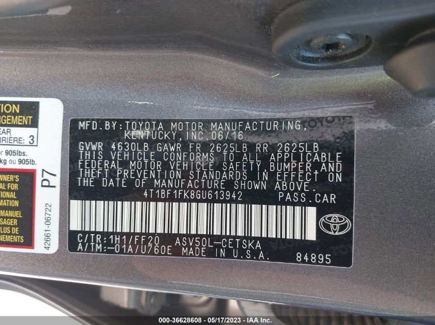2016 TOYOTA CAMRY XLE/SE/LE/XSE - 4T1BF1FK8GU613942