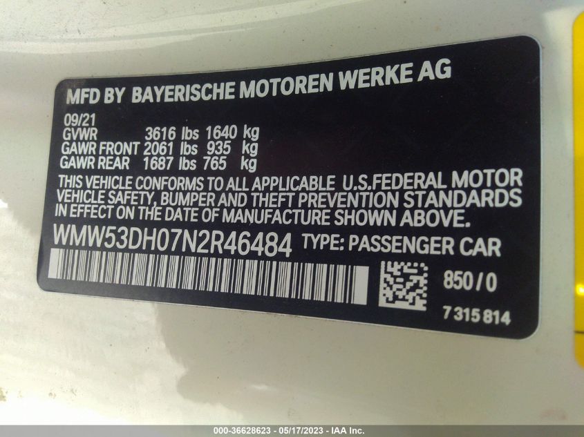 2022 MINI HARDTOP 2 DOOR COOPER S WMW53DH07N2R46484