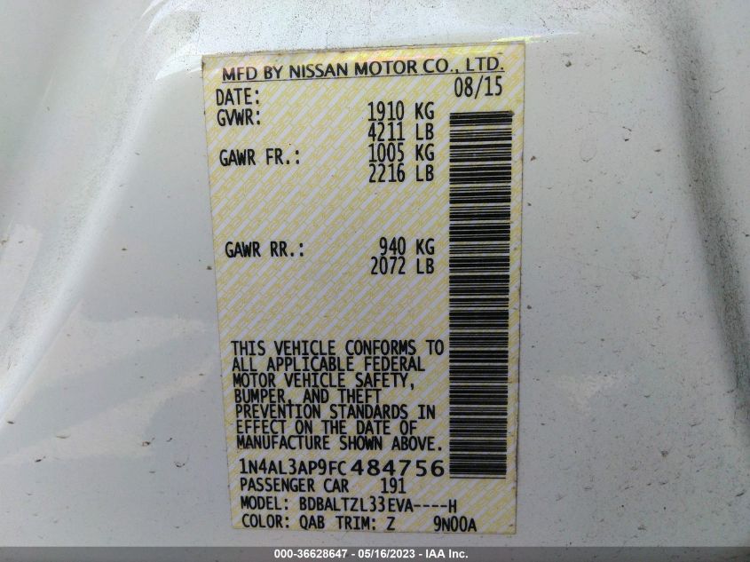 2015 NISSAN ALTIMA 2.5 SL - 1N4AL3AP9FC484756
