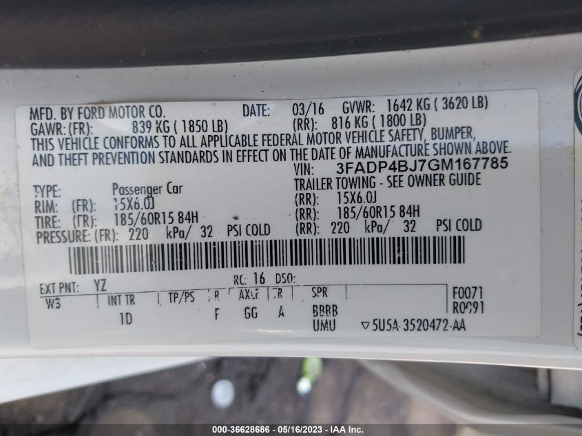 2016 FORD FIESTA SE - 3FADP4BJ7GM167785