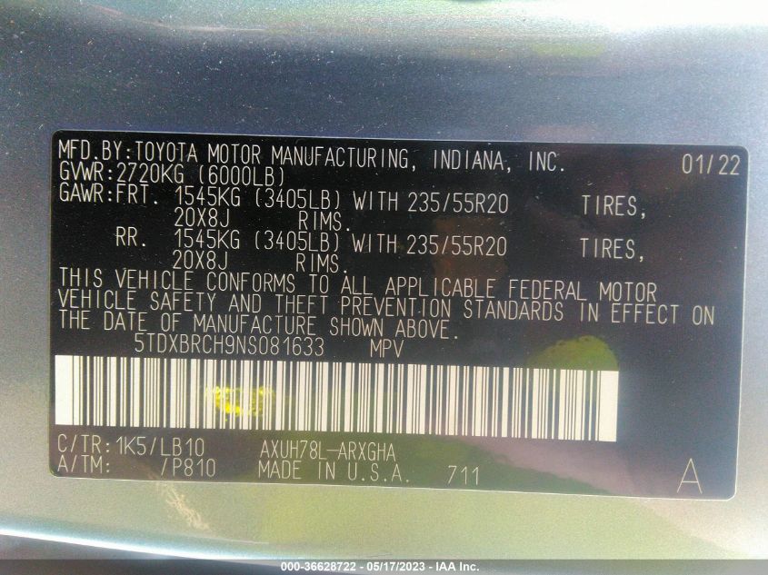 2022 TOYOTA HIGHLANDER HYBRID LIMITED - 5TDXBRCH9NS081633