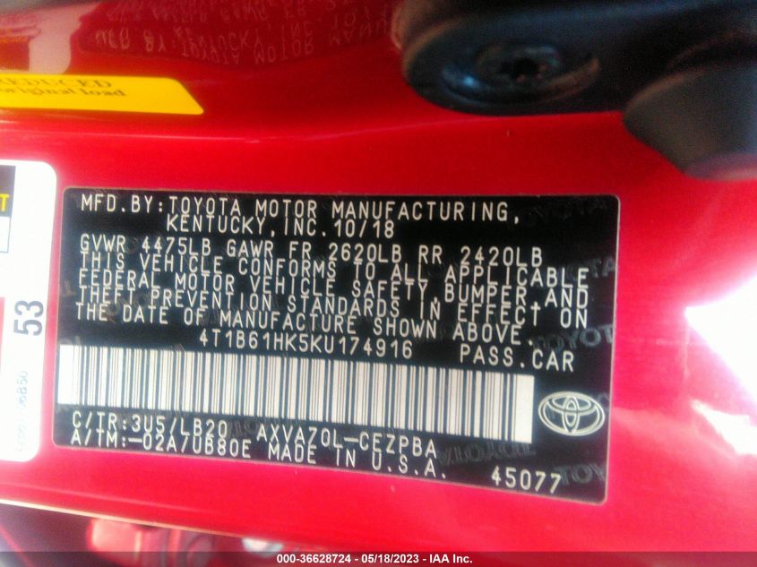 2019 TOYOTA CAMRY XSE - 4T1B61HK5KU174916