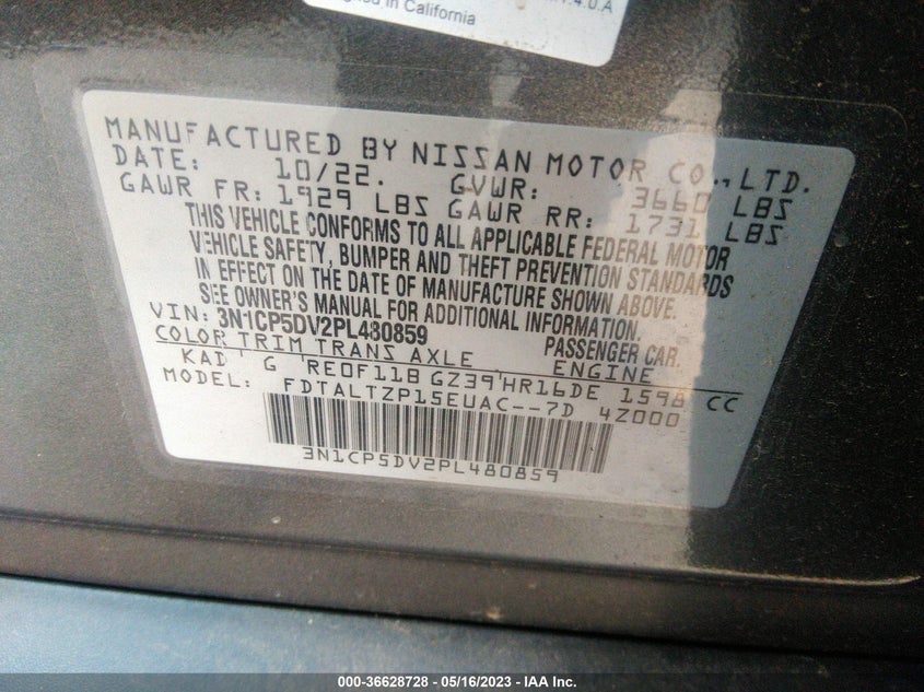 VIN 3N1CP5DV2PL480859 2023 NISSAN KICKS SR