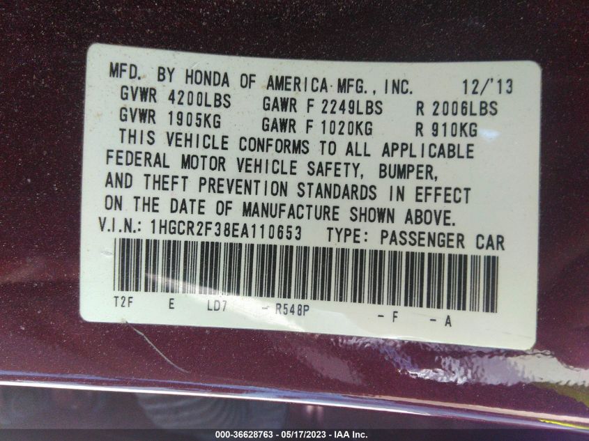 2014 HONDA ACCORD SEDAN LX - 1HGCR2F38EA110653