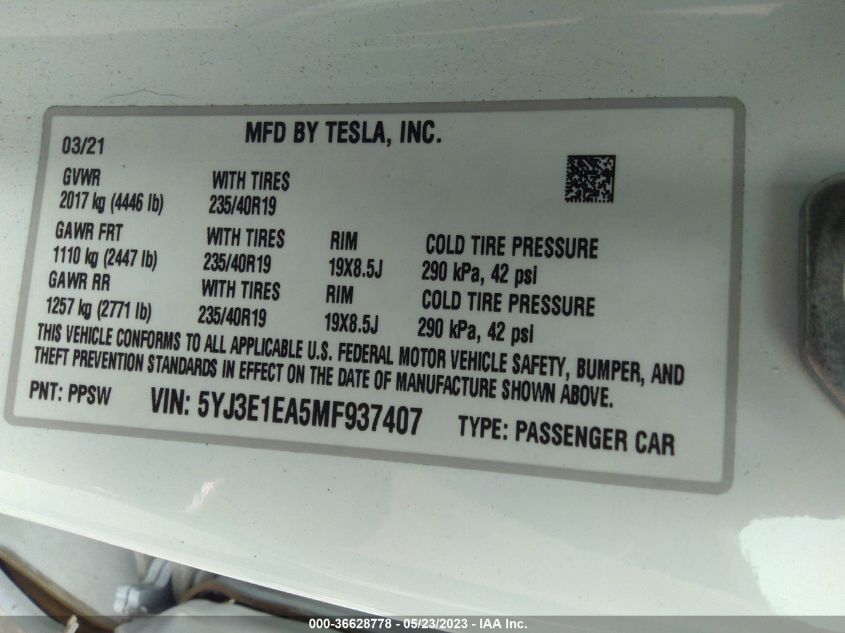 2021 TESLA MODEL 3 STANDARD RANGE PLUS - 5YJ3E1EA5MF937407