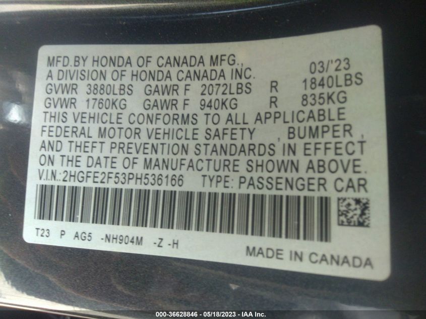 2023 HONDA CIVIC SEDAN SPORT - 2HGFE2F53PH536166