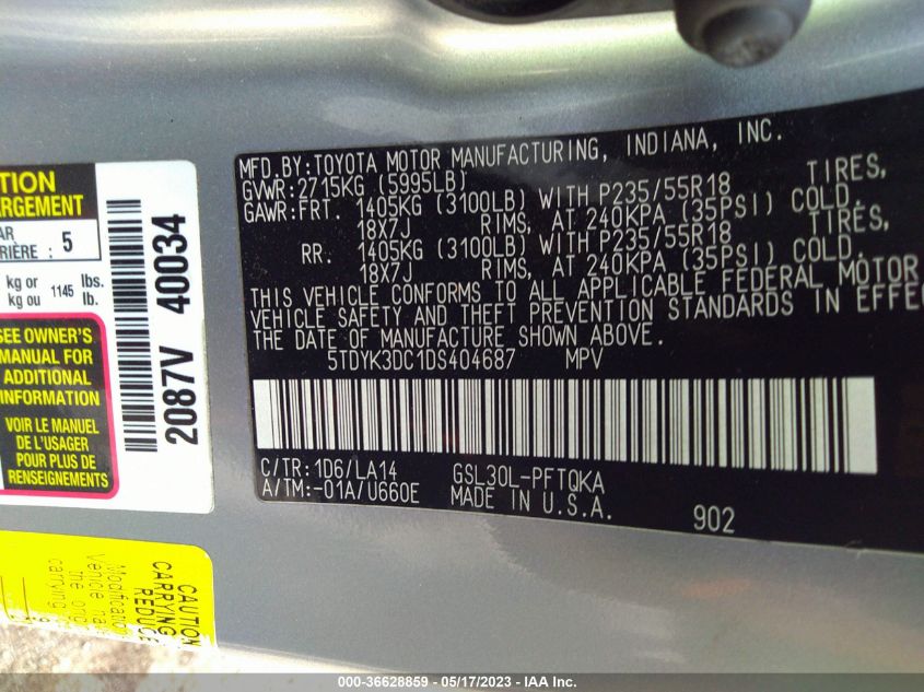 2013 TOYOTA SIENNA XLE AAS/XLE/LTD - 5TDYK3DC1DS404687
