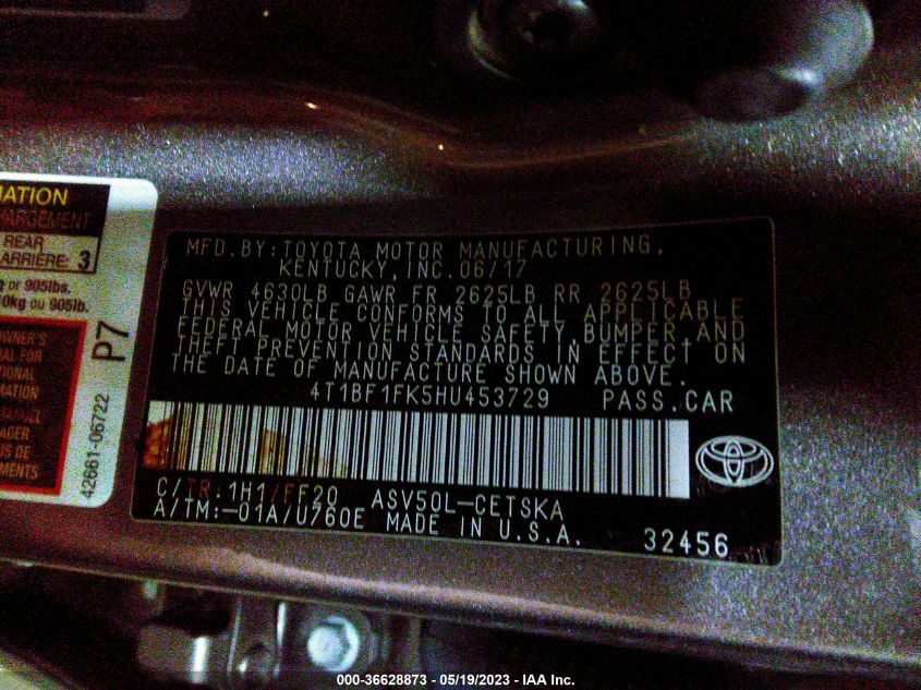 2017 TOYOTA CAMRY XLE/SE/LE/XSE - 4T1BF1FK5HU453729