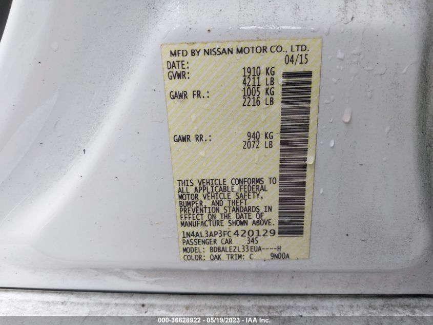 2015 NISSAN ALTIMA 2.5 S - 1N4AL3AP3FC420129