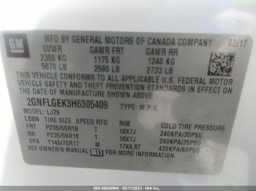 2017 CHEVROLET EQUINOX PREMIER - 2GNFLGEK3H6305409