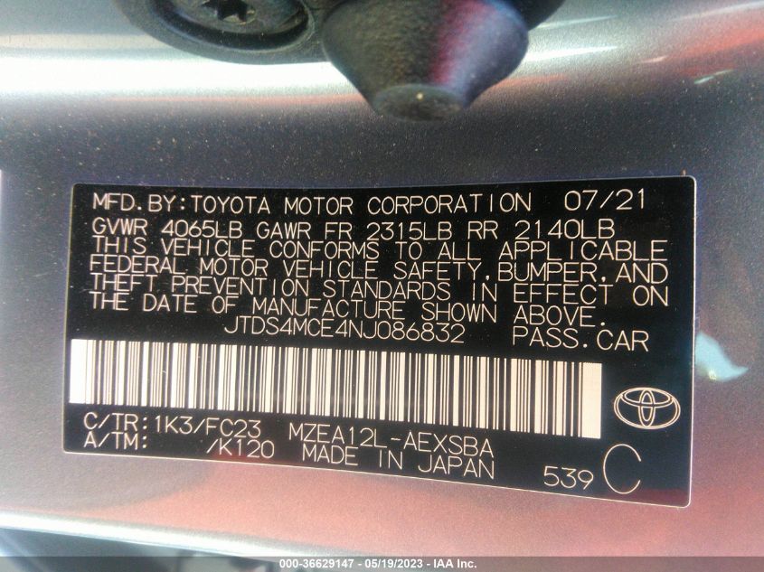 2022 TOYOTA COROLLA SE/SE NIGHTSHADE/APEX SE - JTDS4MCE4NJ086832