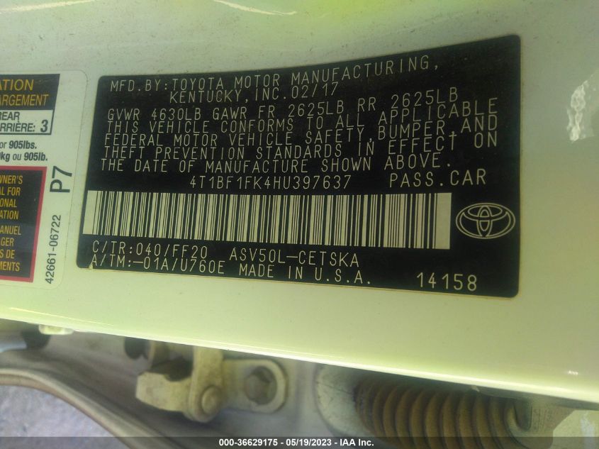 2017 TOYOTA CAMRY XLE/SE/LE/XSE - 4T1BF1FK4HU397637