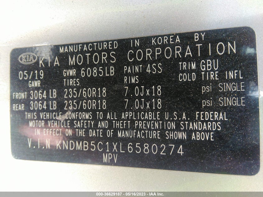 VIN KNDMB5C1XL6580274 2020 KIA SEDONA EX