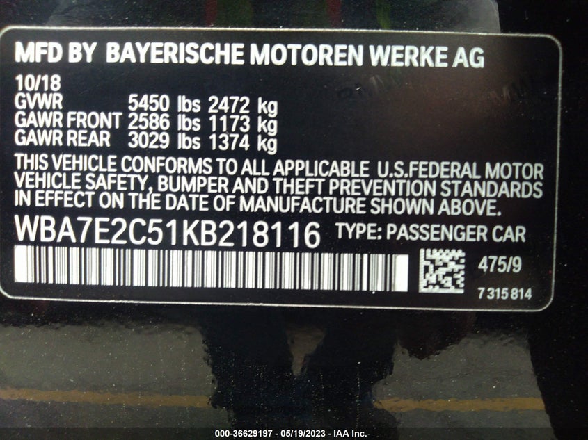 VIN WBA7E2C51KB218116 2019 BMW 7 SERIES 740I