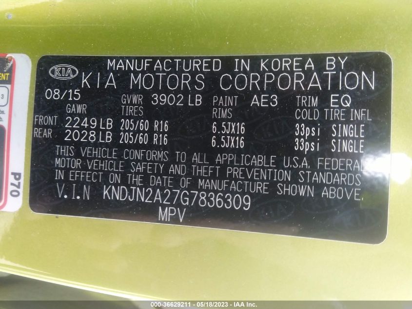 2016 KIA SOUL BASE - KNDJN2A27G7836309