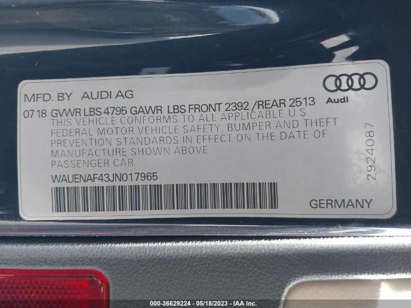 2018 AUDI A4 PREMIUM PLUS - WAUENAF43JN017965