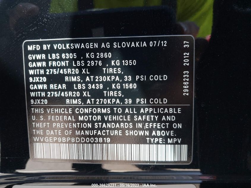 2013 VOLKSWAGEN TOUAREG EXEC WVGEP9BP8DD003819