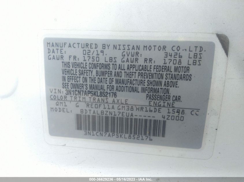 2019 NISSAN VERSA SEDAN SV - 3N1CN7AP5KL852176