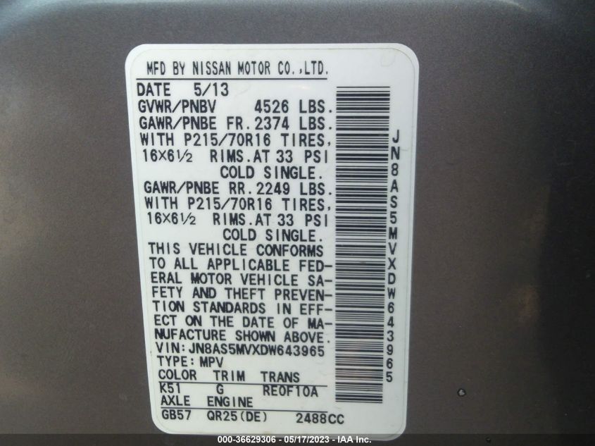 2013 NISSAN ROGUE S - JN8AS5MVXDW643965