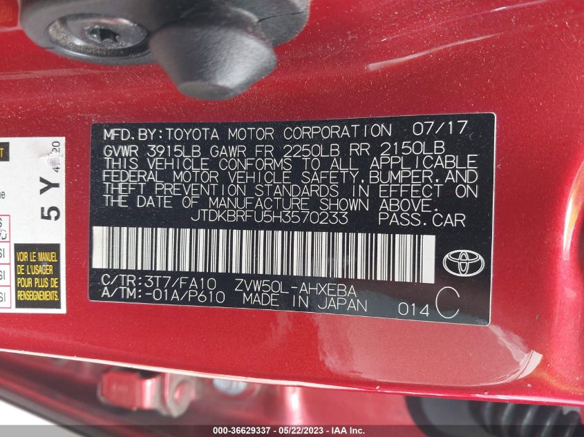 2017 TOYOTA PRIUS TWO/TWO ECO/THREE - JTDKBRFU5H3570233