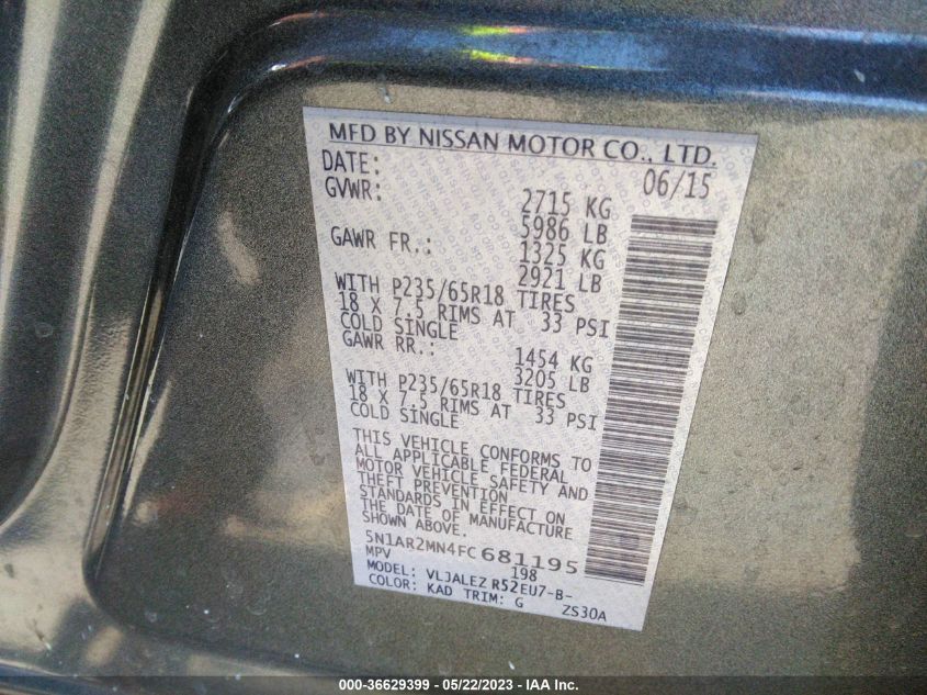 2015 NISSAN PATHFINDER S/SV/PLATINUM/SL - 5N1AR2MN4FC681195