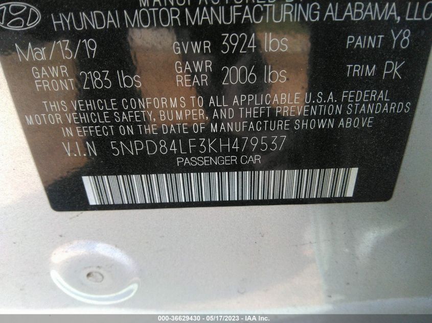 2019 HYUNDAI ELANTRA SEL - 5NPD84LF3KH479537