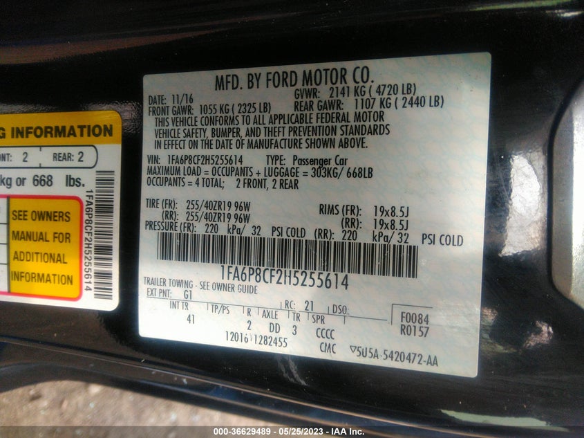 VIN 1FA6P8CF2H5255614 2017 FORD MUSTANG GT