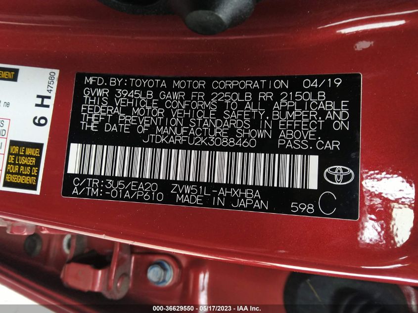 2019 TOYOTA PRIUS L ECO/LE/XLE/LIMITED - JTDKARFU2K3088460