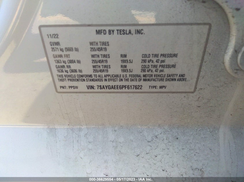 VIN 7SAYGAEE6PF617622 2023 TESLA MODEL Y LONG RANGE