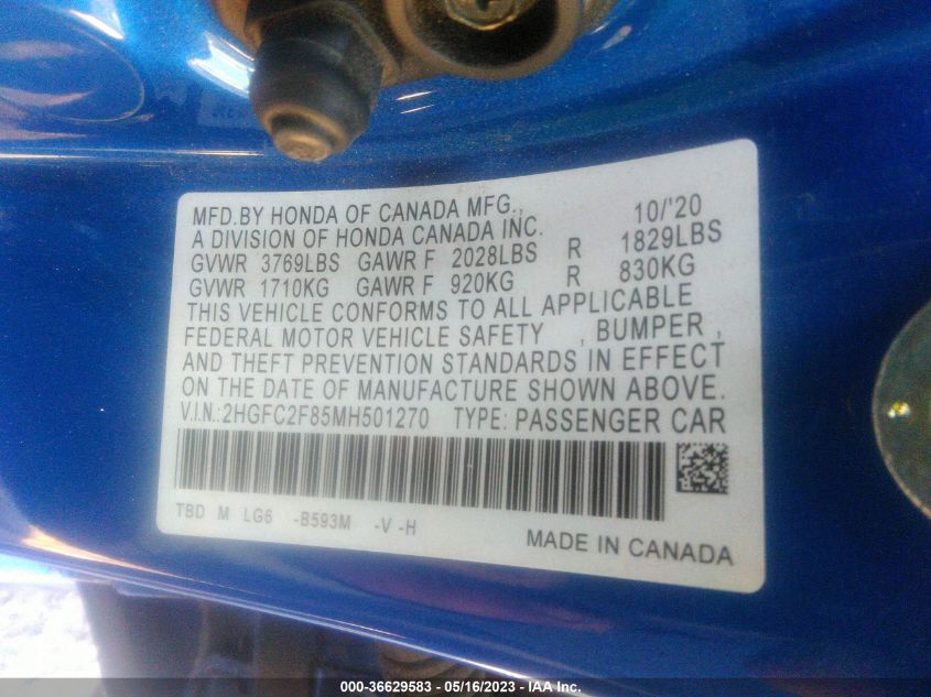 2021 HONDA CIVIC SEDAN SPORT - 2HGFC2F85MH501270