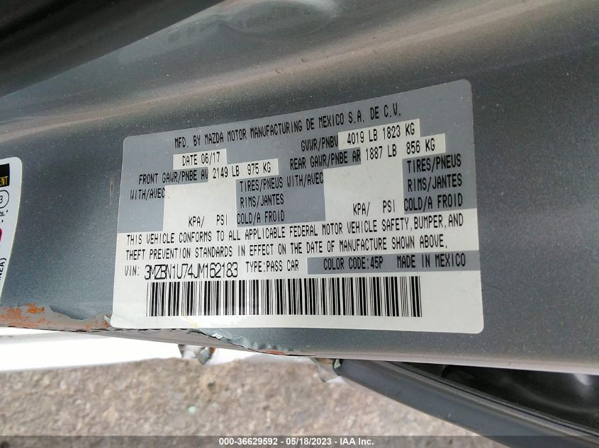 2018 MAZDA MAZDA3 4-DOOR SPORT - 3MZBN1U74JM162183