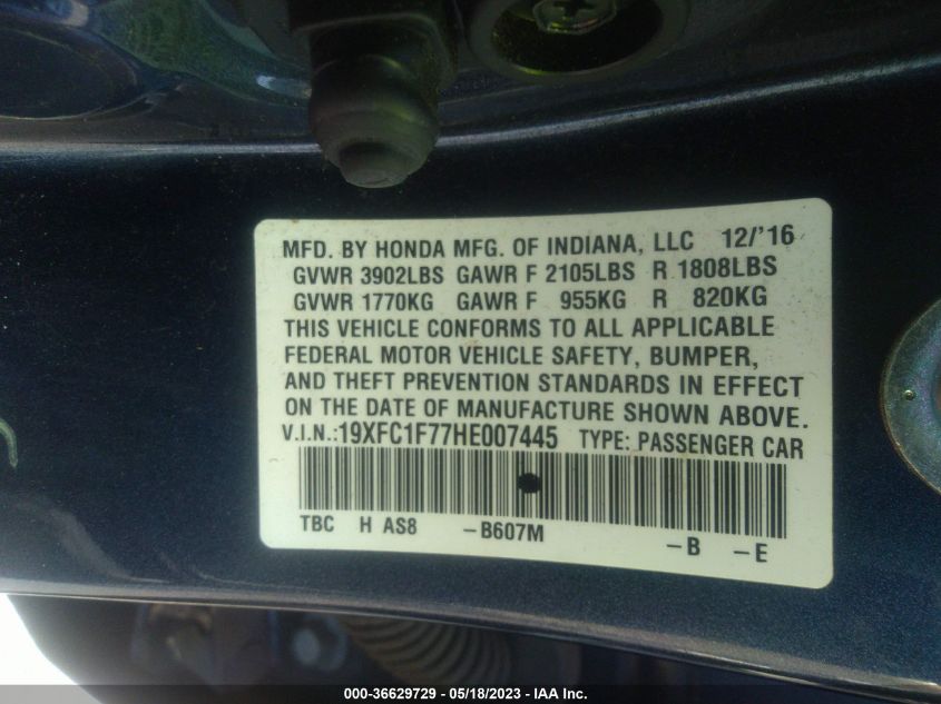 2017 HONDA CIVIC SEDAN EX-L - 19XFC1F77HE007445