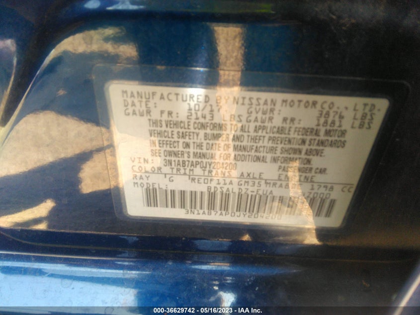 VIN 3N1AB7AP0JY204200 2018 NISSAN SENTRA SV