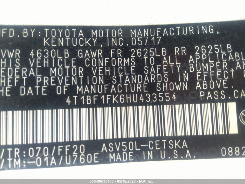 2017 TOYOTA CAMRY XLE/SE/LE/XSE - 4T1BF1FK6HU433554