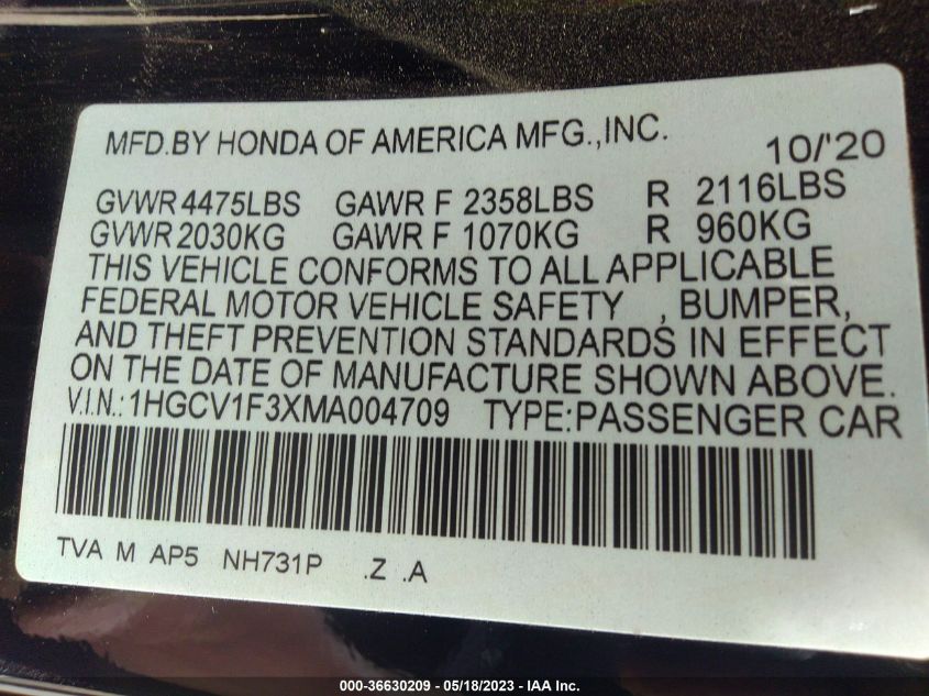 2021 HONDA ACCORD SEDAN SPORT - 1HGCV1F3XMA004709