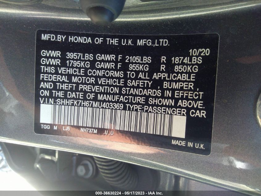 2021 HONDA CIVIC HATCHBACK EX - SHHFK7H67MU403369