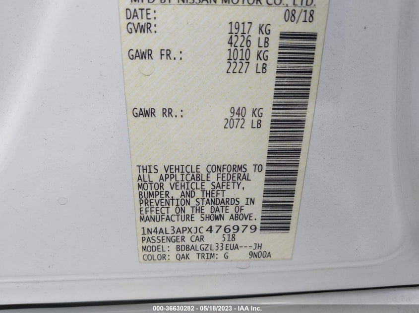 VIN 1N4AL3APXJC476979 2018 NISSAN ALTIMA 2.5 S
