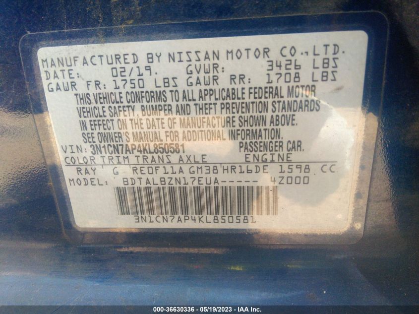 2019 NISSAN VERSA SEDAN SV - 3N1CN7AP4KL850581