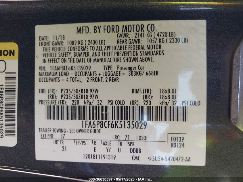 2019 FORD MUSTANG GT - 1FA6P8CF6K5135029