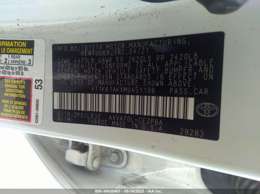 2021 TOYOTA CAMRY XSE - 4T1K61AKXMU451198