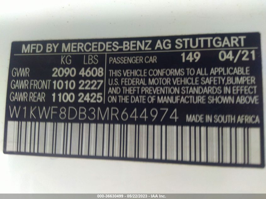 2021 MERCEDES-BENZ C-CLASS C 300 - W1KWF8DB3MR644974