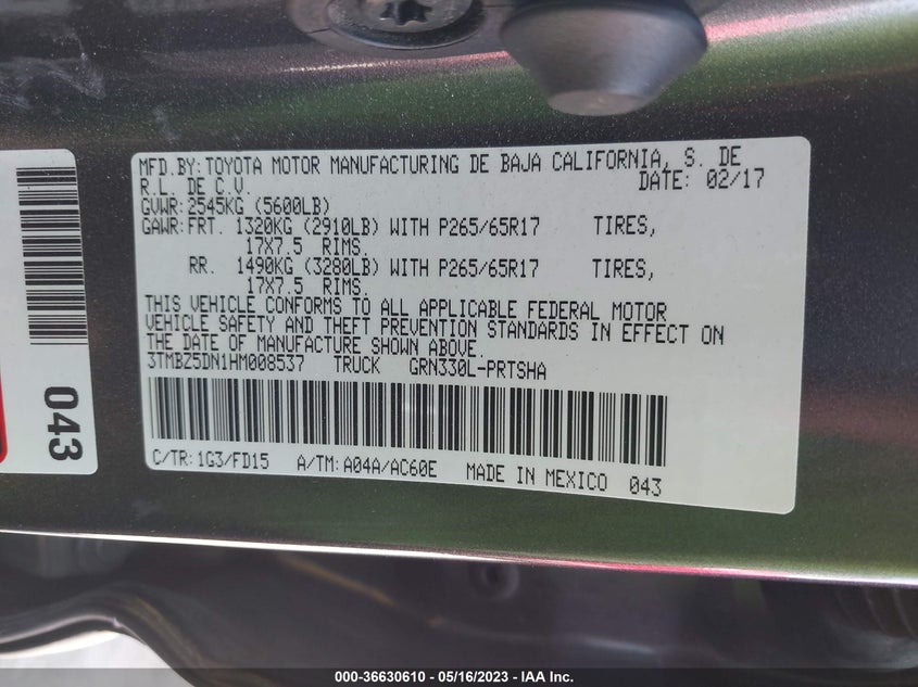 VIN 3TMBZ5DN1HM008537 2017 TOYOTA TACOMA SR5/TRD SPORT