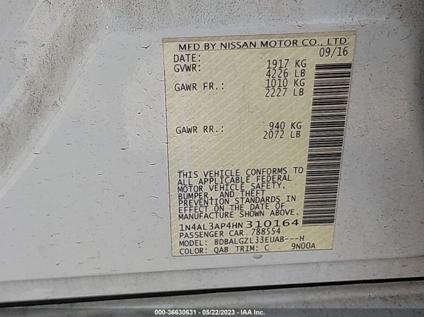 VIN 1N4AL3AP4HN310164 2017 NISSAN ALTIMA 2.5 S