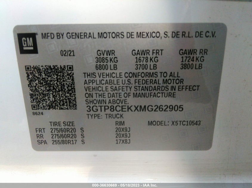 VIN 3GTP8CEKXMG262905 2021 GMC SIERRA 1500 ELEVATION