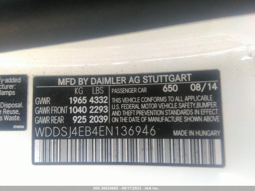 2014 MERCEDES-BENZ CLA-CLASS CLA 250 - WDDSJ4EB4EN136946