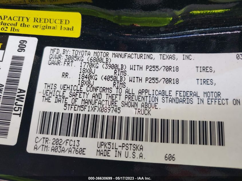 2015 TOYOTA TUNDRA 2WD TRUCK SR5 - 5TFEM5F1XFX089745