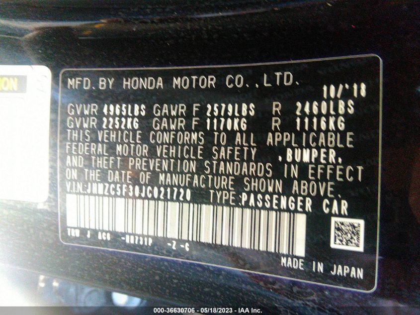 2018 HONDA CLARITY PLUG-IN HYBRID TOURING JHMZC5F30JC021720