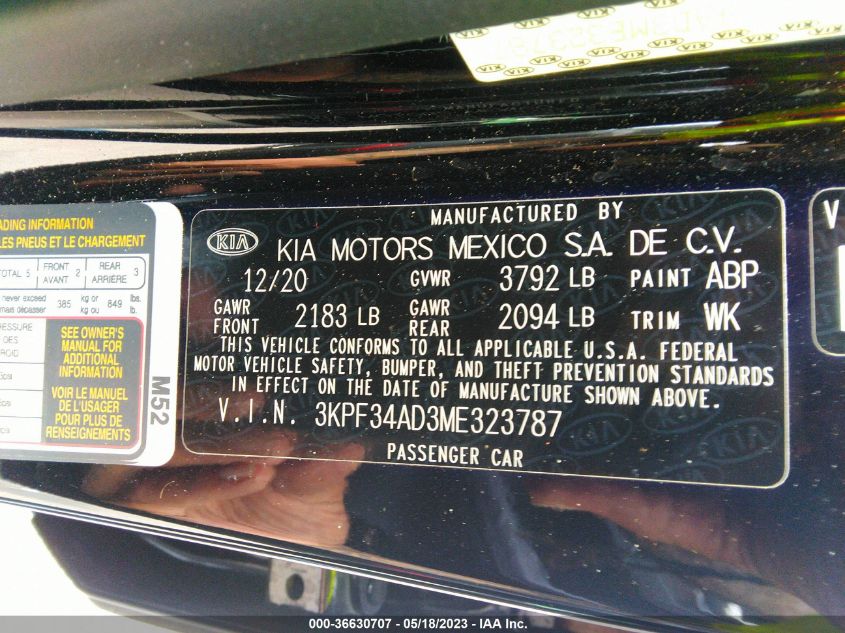 2021 KIA FORTE GT-LINE - 3KPF34AD3ME323787