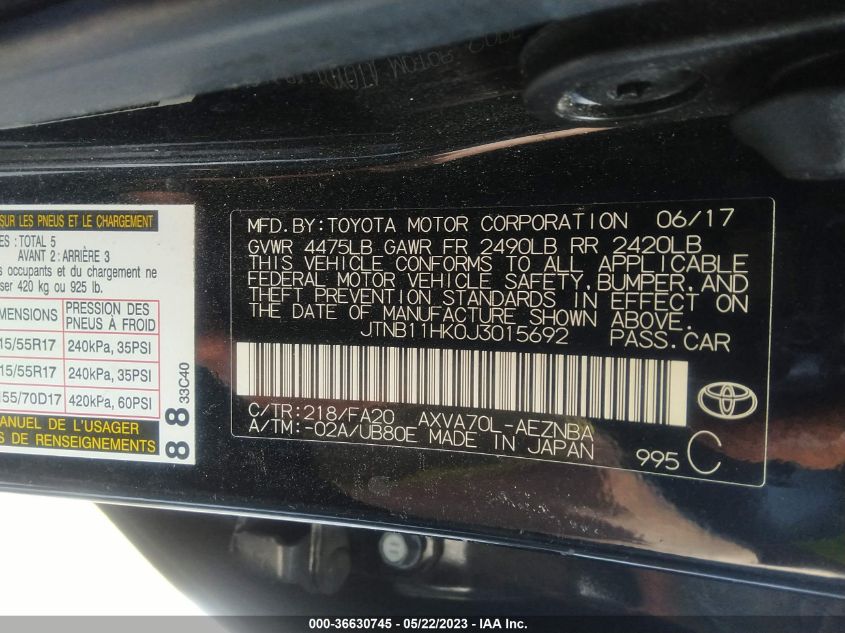 2018 TOYOTA CAMRY LE/SE/XLE/L - JTNB11HK0J3015692
