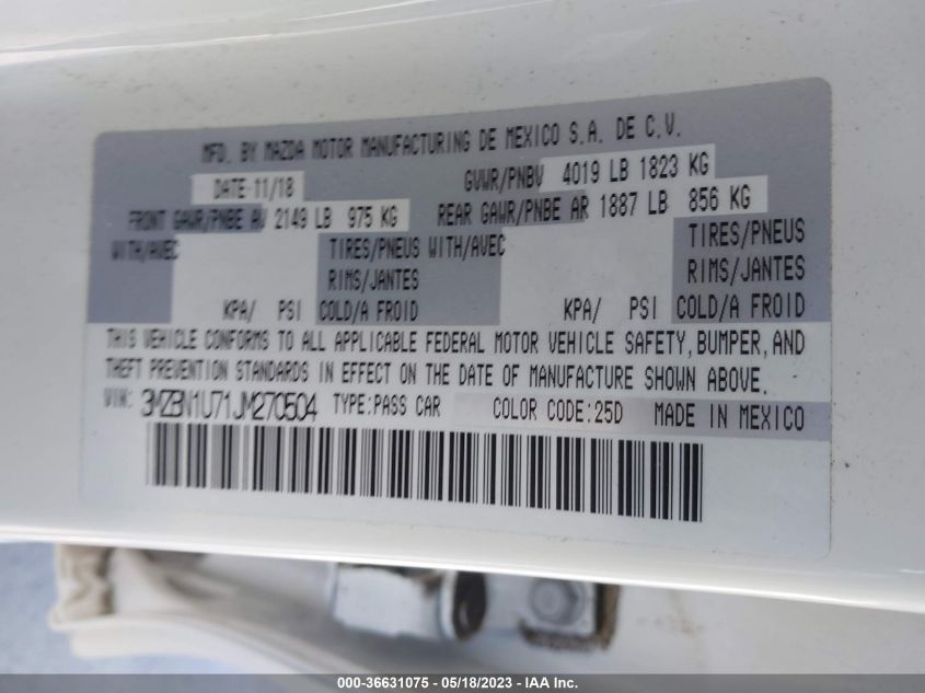2018 MAZDA MAZDA3 4-DOOR SPORT 3MZBN1U71JM270504